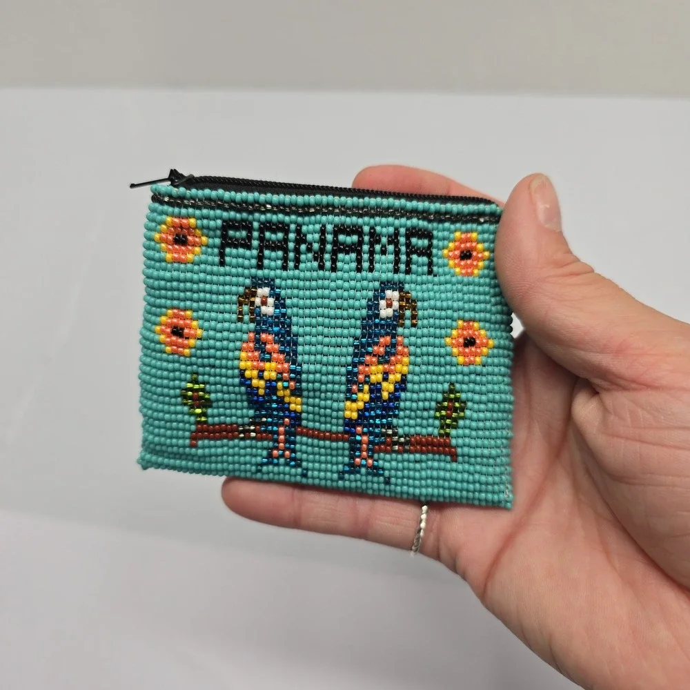 Panama Beaded Coin Purse Teal Blue Parrot Bird Seed Bead Zipper Pouch Wallet